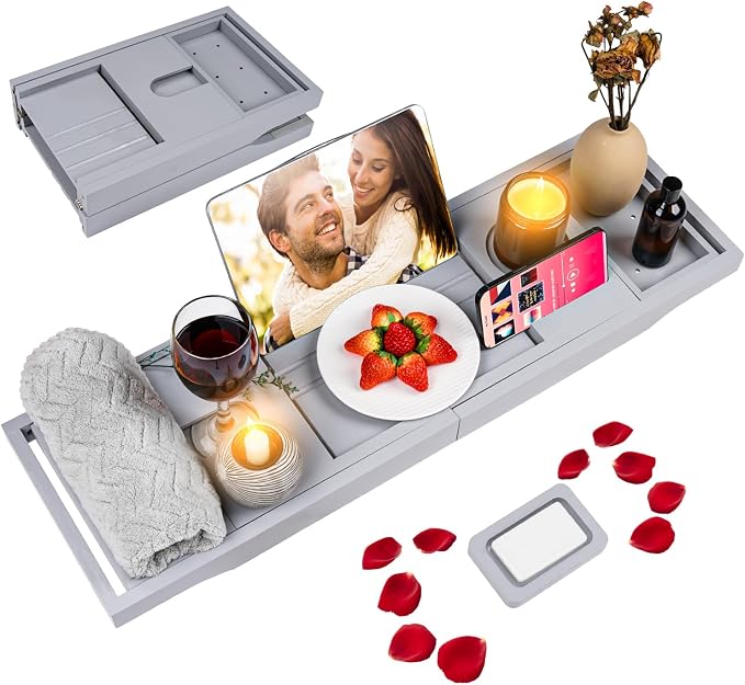Foldable Bathtub Tray Caddy with Soap Dish Adjustable 29.5-43'' Grey | Bamboo Bath Table Trays with Non-slip Pads, Wine Glass Holder, Adjustable Tablet Book Stand, Spa Bath Essentials Organizer