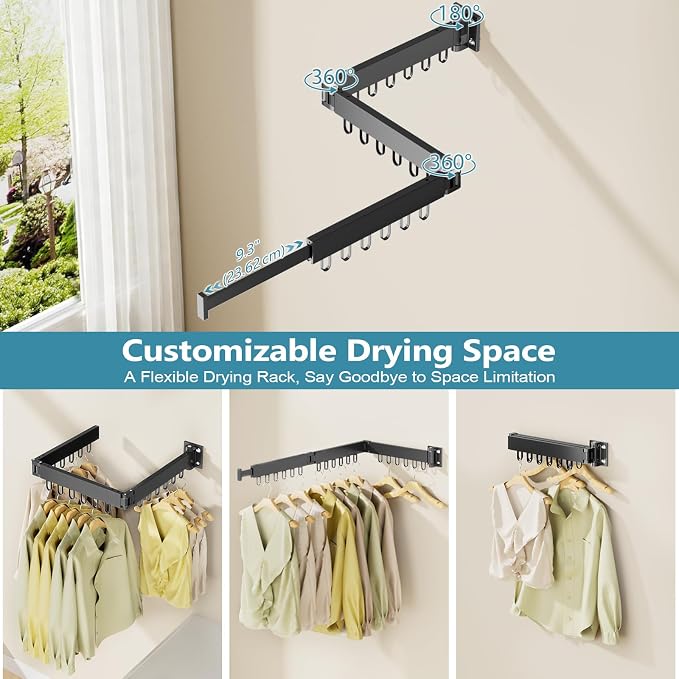 Clothes Drying Rack Wall Mounted, Space-Saving Drying Rack Clothing, Collapsible Foldable Retractable Laundry Rack with 18 Hooks, Indoor/Outdoor, Black