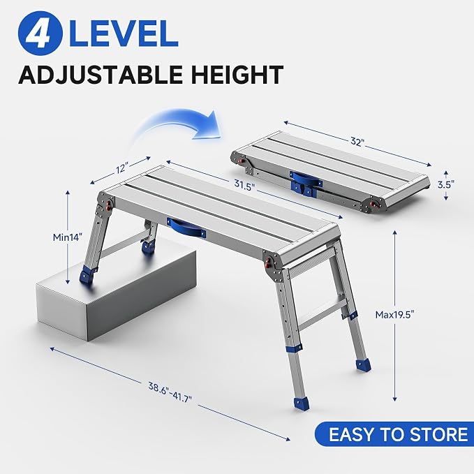 Folding Work Platform for Adults, Portable Aluminum Step Stool 800lb | 14"-19.5" Adjustable Height, 12" x 31.5" Wide Platform for Garage, Painting, Reach High Shelves, Gardening, Car Wash