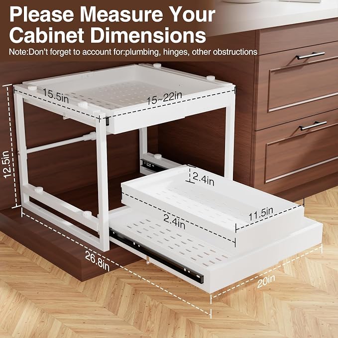2-Tier Expandable Pull Out Cabinet Organizer, Heavy Duty Adjustable Width Metal Slide Out Shelf, No Screw Cabinet Storage Rack for Kitchen Bathroom 17in Depth Cabinet（White）