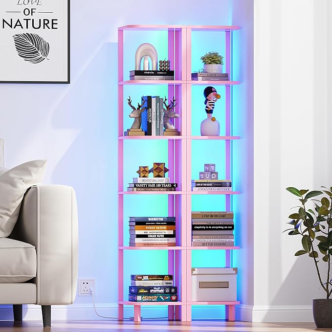 TUTOTAK Corner Shelf with LED Light, 6-Tier Corner Bookshelf | for Small Space, Narrow Display Corner Shelf Stand with Storage Rack, for Living Room, Bedroom, Pink BS08BP006L
