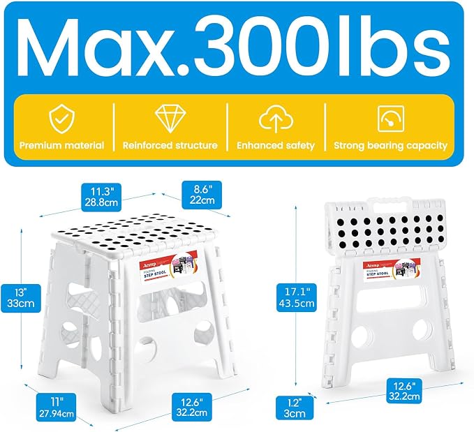 13 Inch Folding Step Stool, Holds 300 lb, for Adults and Kids, White | Heavy Duty Portable Collapsible Foot Stool, Non-Slip Surface for Kitchen Bathroom Bedroom Outdoor, Lightweight with Handle