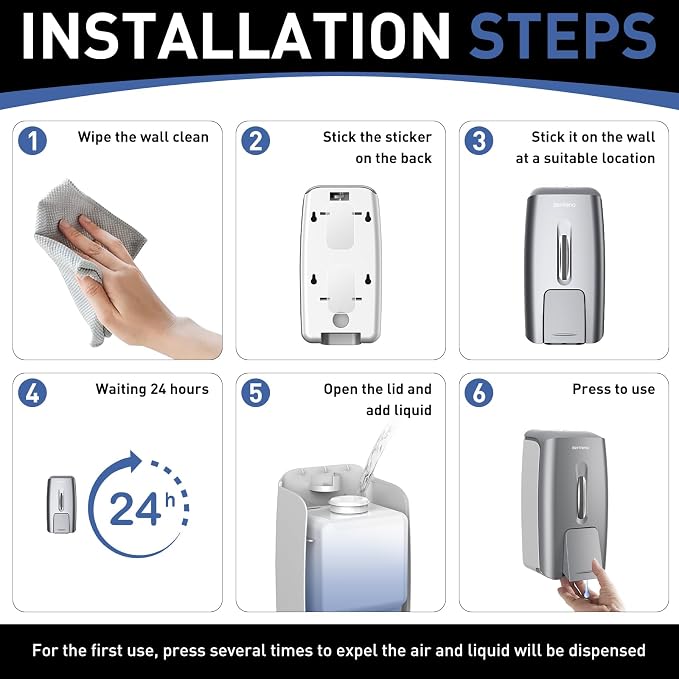 Commercial Soap Dispenser Wall Mount Manual Pump Hand Soap Dispenser 800ml Gel Liquid Hand Sanitizer Dispenser Self Adhesive for Home Bathroom (Silver)
