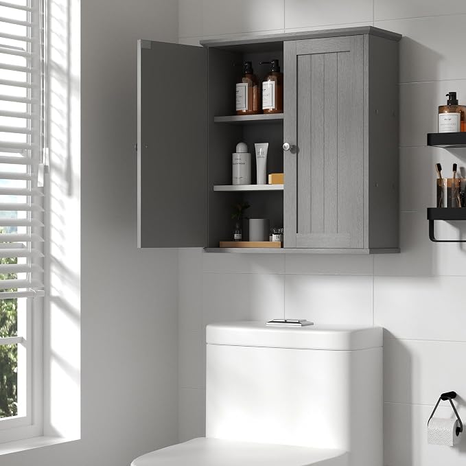 Shintenchi Bathroom Wall Medicine Cabinet, Over The Toilet Storage, Gray | Bathroom Storage Organizer Cupboard, with 2 Magnet Door and 3-Tier Shelves, Space Saving, Easy to Assemble & Clean