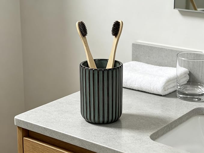 Stoneware Toothbrush Holder for Bathroom Tooth Brush Holder for Bathroom Toothbrush Cup Toothbrush Holders Cute Fluted Vertical Ribbed Stripe (Concrete Grey)