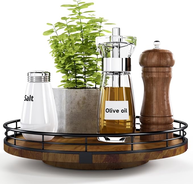 AMH 10-Inch Farmhouse Oak Lazy Susan Cabinet Organizer, Walnut Finish | Smooth rotating oak tray with walnut finish for dining tables, kitchen counters, pantries and cabinet storage.