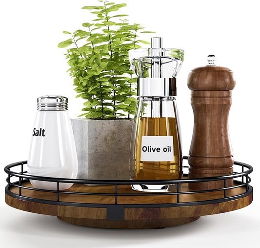 AMH 10-Inch Farmhouse Oak Lazy Susan Cabinet Organizer, Walnut Finish | Smooth rotating oak tray with walnut finish for dining tables, kitchen counters, pantries and cabinet storage.