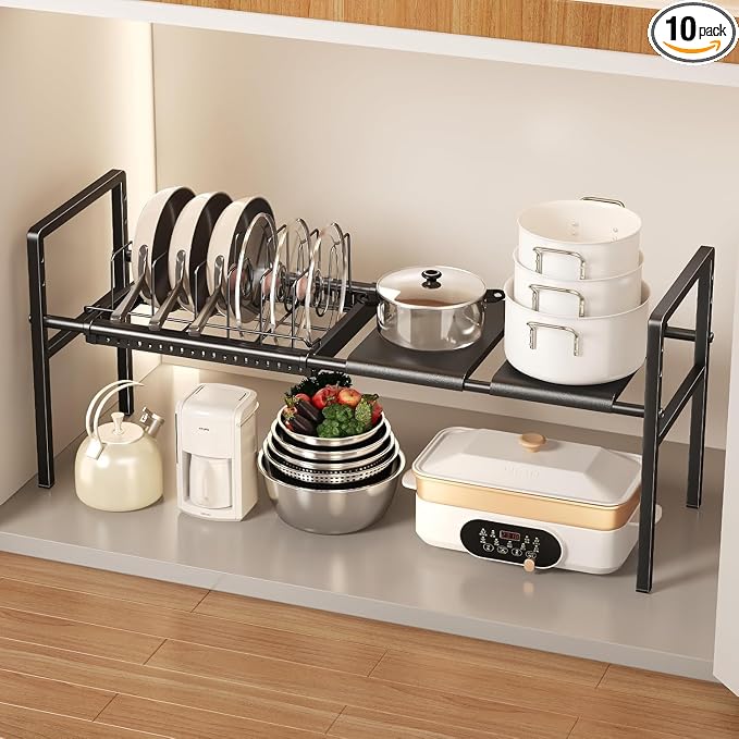Mustorn Pots and Pans Organizer Under Cabinet, Expandable 1 Tier Under Sink Organizers and Storage Adjustable Height Kitchen Pot and Pan Lid Holder Rack with 6 Dividers Under Cabinet Shelf(Black)