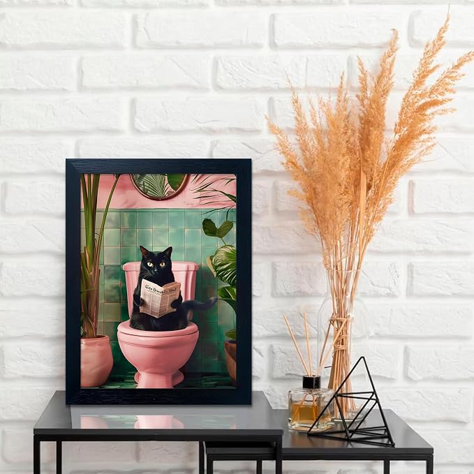 Framed Black Cat Bathroom Decor Pink Trendy Girly Wall Art Funny Cat Reading Toilet Decor Farmhouse Picture Wall Decor