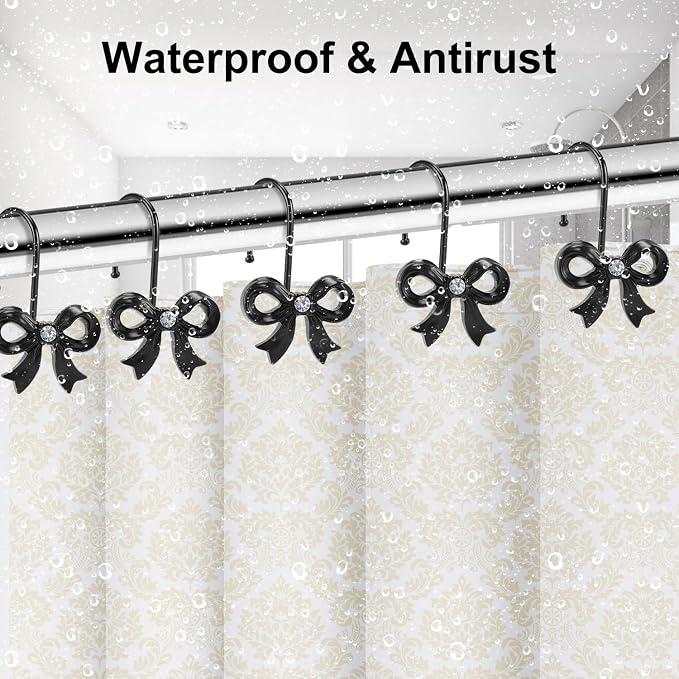 Bow Shower Curtain Hooks, 12-Pack Black Metal Decorative Bow Knot Rings | Rust-resistant metal rings with black bow knot accents add decorative charm to bathrooms, guest baths