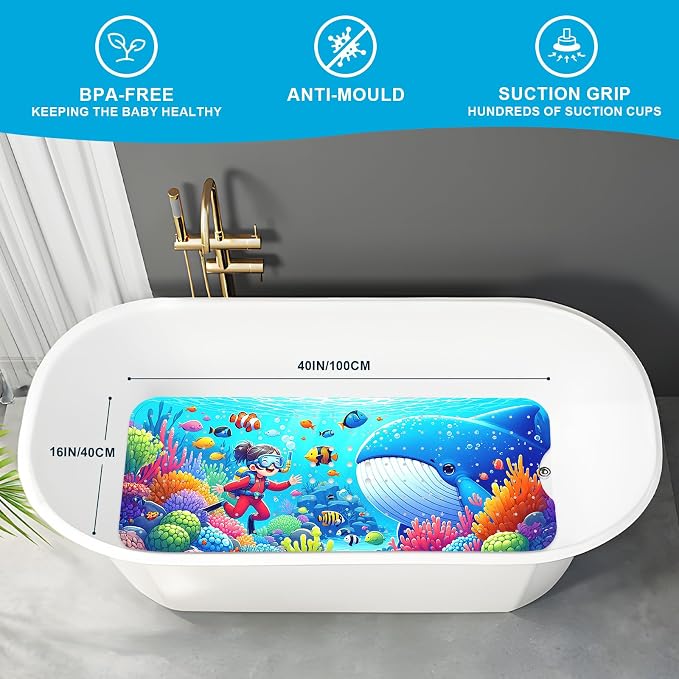 Baby Bath Mat for Tub Non Slip Kids Bath Mat - 40''x16'' Extra Long Cartoon Bathtub Mat Non Slip Kids Shower Mat Eco-Friendly Toddler Bath Mats with Suction Cups, Machine Washable