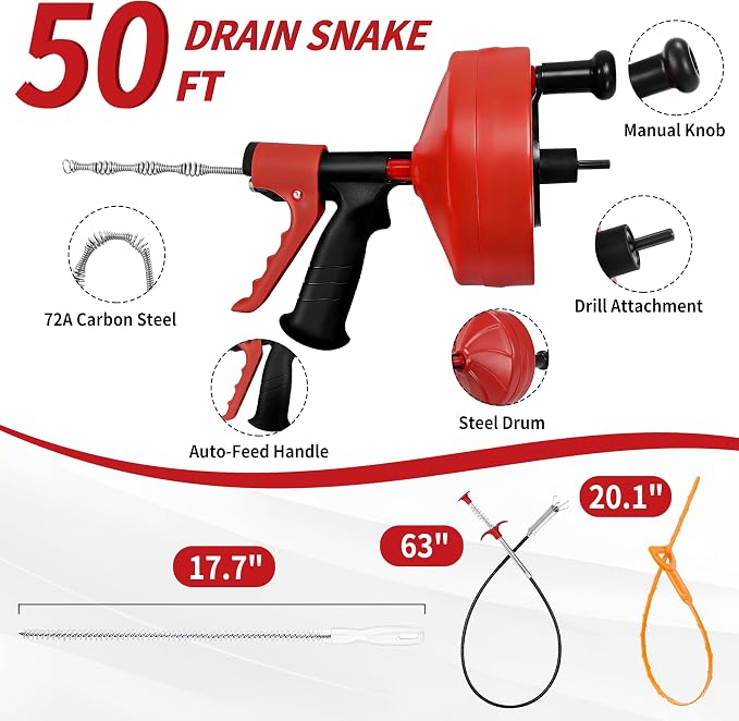Drain Snake 50 Ft with Drill Attachment, Auto Feed 1/4 Inch Plumbing Snake for Sink, Shower & Tub Clogs, Manual or Drill-Powered Drain Auger, with Gloves, Safety Glasses & Storage Bag
