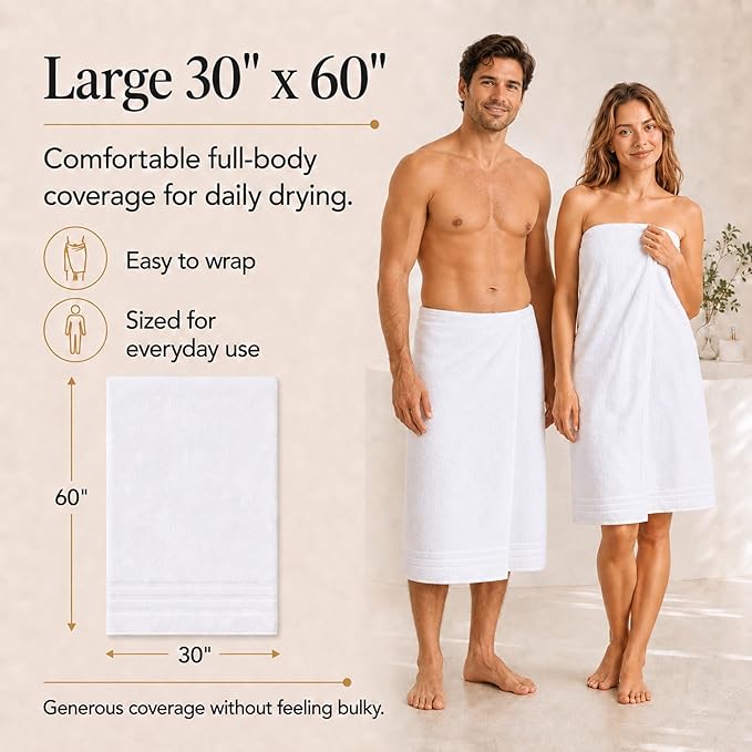 Velqora Bath Towels 2 Pack, 30x60 in, 100% Cotton, Soft & Absorbent, White | Balanced Weight | Everyday Comfort | Easy Care