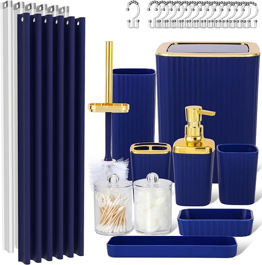 23 PCS Navyblue Bathroom Accessories Set丨Shower Curtain Bathroom Accessory | All-in-One Kit with Shower Curtain,Trash Can,Toothbrush Holder,Toilet BrushSoap Dispenser,Toothbrush Cup,etc for Home