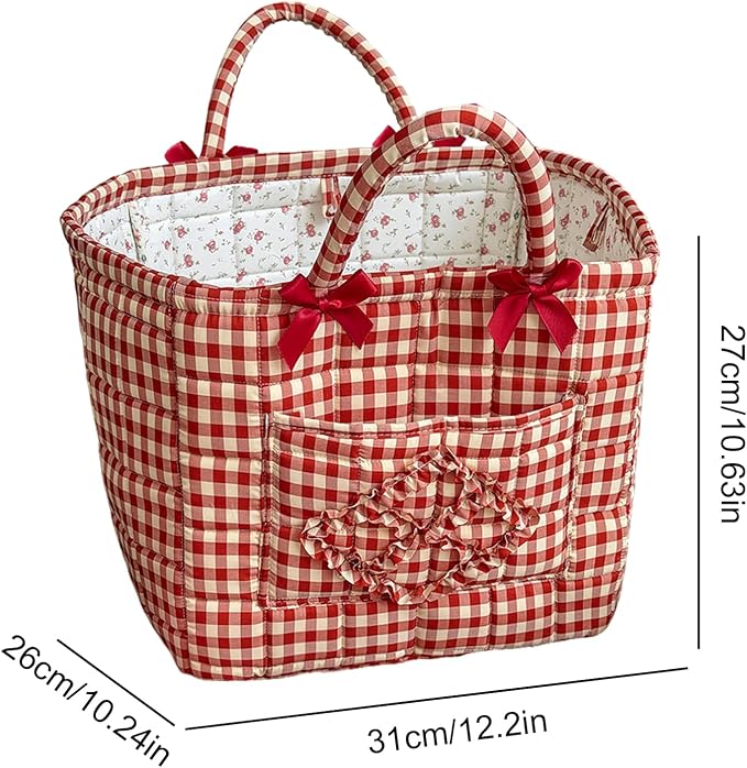 Storage Basket Boho Fabric Large Collapsible Floral Laundry Nursery Hamper Portable Folding Storage for Clothes Toys (Red Plaid)