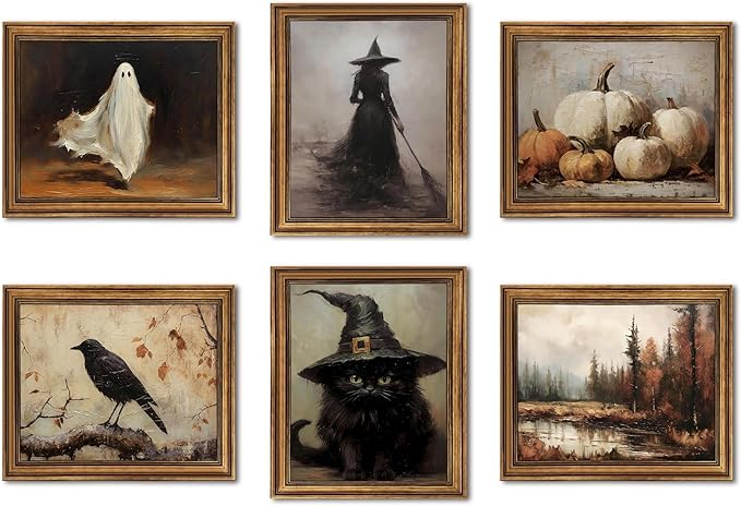 ZYANGZY Vintage Halloween Poster Set of 6, Dark Academia Ghost Wall Art Painting Crow Pumpkin Wall Decor Gothic Wizard Canvas Picture Prints for Farmhouse Mantel Living Room 12x16 inch Unframed