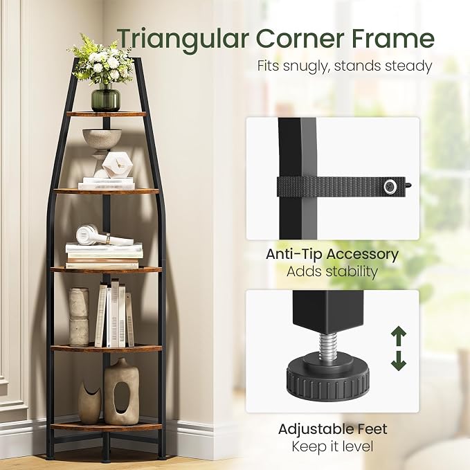 Corner Shelf with Lights, Corner Bookshelf with Metal Frame, 5-Tier Tall Ladder Shelf, Storage Rack for Home Office, Bedroom, Living Room, Rustic Brown and Black TCJ71DBF