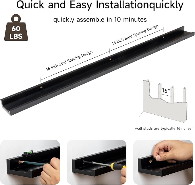 Fun Memories Picture Ledge Shelf, 40 Inch Floating Shelves Set of 2, Large Nursery Book Shelves for Toys Storage, Kids Bookshelf Wall Mounted for Wall Decor Books Photo Frames, Black