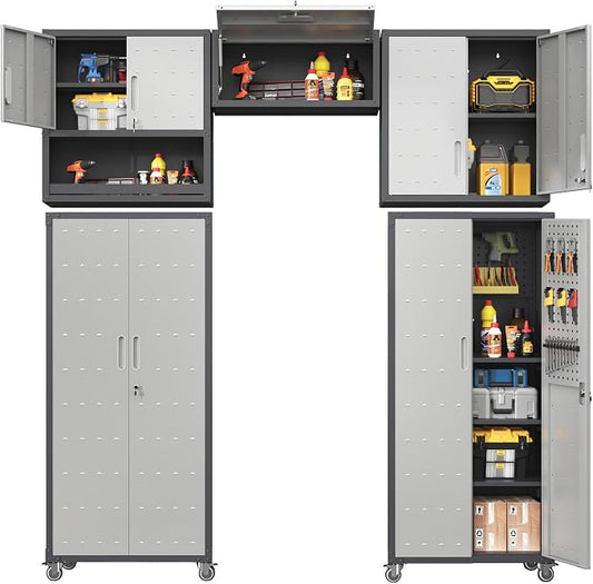 Garage Storage Cabinet System,Wall Cabinet & Locking Rolling Tool Cabinet with Doors and Adjustable Shelves
