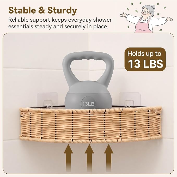 GRANNY SAYS Wicker Corner Shower Caddy Adhesive, Shower Organization | Shower Shelf for Inside Showers, Adhesive Shelves for Bathroom Organizers and Storage, Bathroom Shelf Wall Mounted for Decor