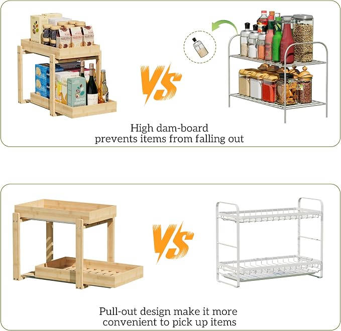 APRTAT 2 Pack Bamboo Under Sink Organizer, 2-Tier Pull Out Storage Drawers | Smooth pull-out drawers keep cleaners and tall bottles visible, organized and easy to reach in kitchen or bathroom cabinets