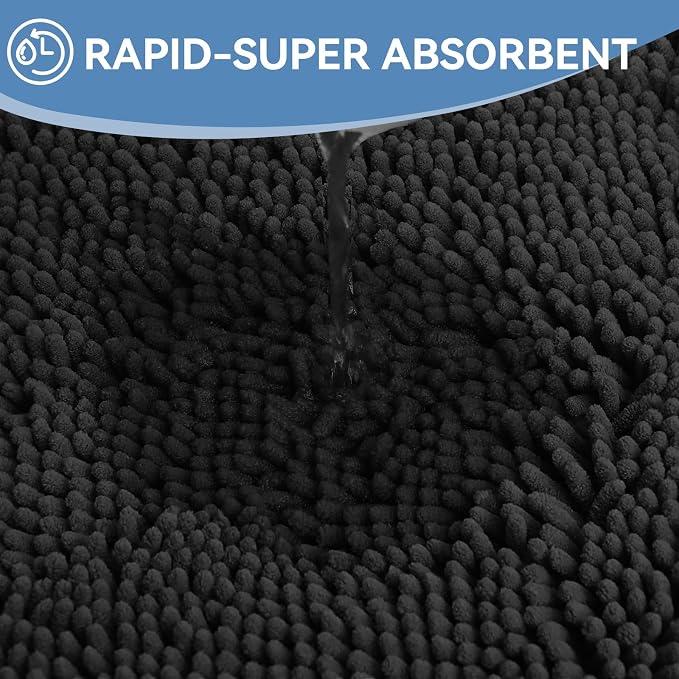 Bcoimo Bath Rug Mat, 44x24 Chenille Non Slip Black Long Bathroom Runner Rug | Extra Soft Bathroom Floor Mats;Non Slip with Rubber Back Bath Mats;High Absorbent, Quick Dry Microfiber mat; Machine Washable