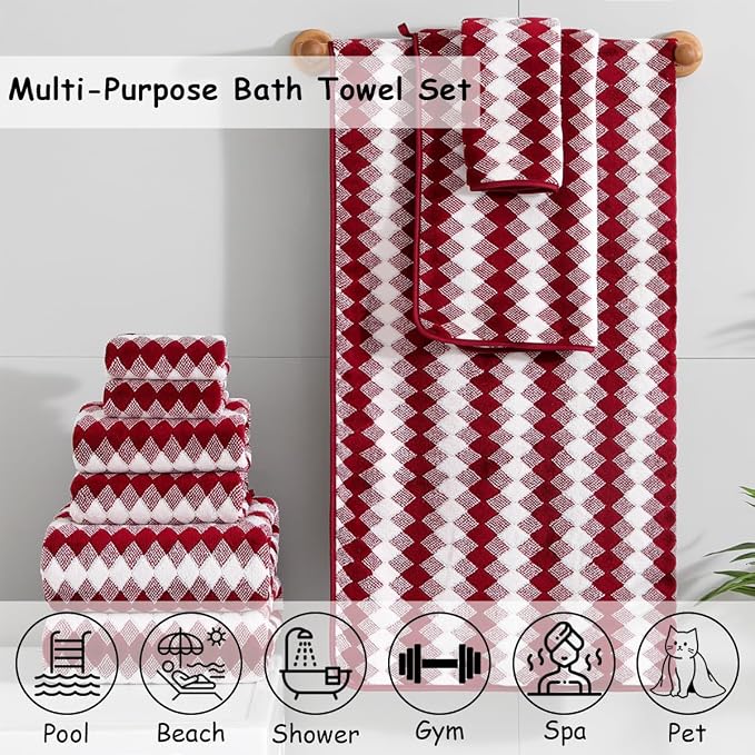 12 Pcs Burgundy Diamond Towel Set-4 Bath Towels,4 Hand Towels,4 Washcloths Soft Polyester Towels with Loop Absorbent Shower Towel Quick Dry Beach Chair Towel Family Towels for Bathroom Spa Gym Pool