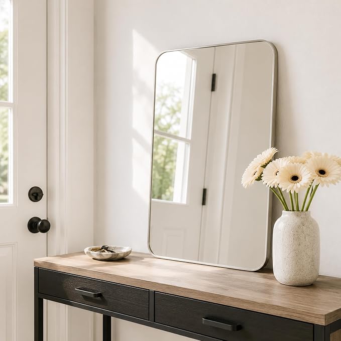 2-Pack 22x30 Inch Brushed Nickel Rounded Rectangle Vanity Mirrors | Double Vanity or Two Bathrooms, Pair or Separate Use, Aluminum Frame, Slim Front Profile, Two-Way Mount