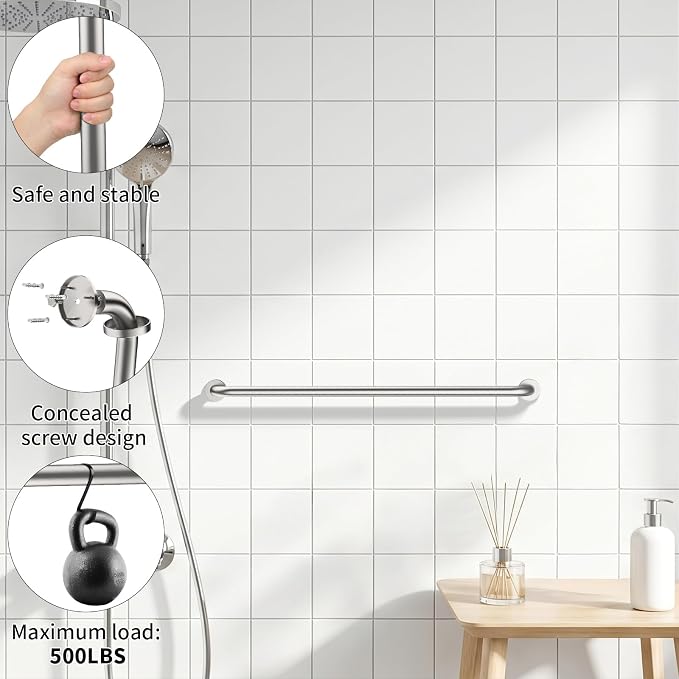 ZUEXT 42 Inch Extra Long Brushed Nickel Stainless Steel Shower Grab Bar | Concealed Wall Mounted Shower Handle Grab Bars, Support Rail for Bathtub Shower Toilet, Seniors Elderly Handicap Safety