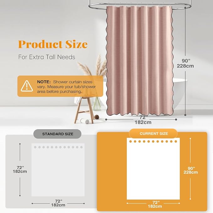72x90 Boho Scalloped Linen Textured Cloth Shower Curtain, Blush Pink | Long Size, 230GSM Waterproof Polyester, Heavy Duty Fabric, 12 Plastic Hooks, Elegant Modern Farmhouse Style, Machine Washable