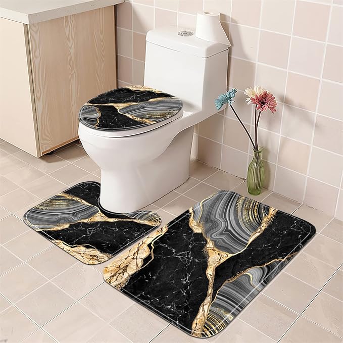 Nkzply 4Pcs Black Shower Curtain Bathroom Sets with Shower Curtain and Rugs | Gold Marble Modern Abstract Shower Curtain Set Grey Bathroom Rug Set Bathroom Decor Accessories with Hooks Toilet Lid Cover