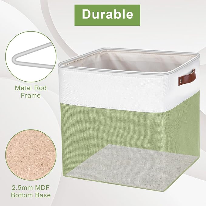 13x13 Cube Storage Bins, Collapsible Fabric Storage Box, 4 Pack Closet Baskets with Handles for Organizing, Shelf, Toys, Clothes, Home, Office, Nursery (Green&White)