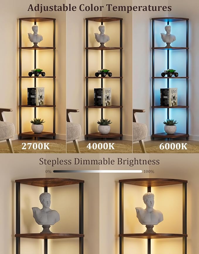 Corner Shelf with LED Light, 5 Tier Smart Color Changing Floor Lamp with Remote, 62" Display Shelf Bookshelf Narrow Storage Rack Standing Lamp for Living Room Bedroom Home Office Decor, Brown