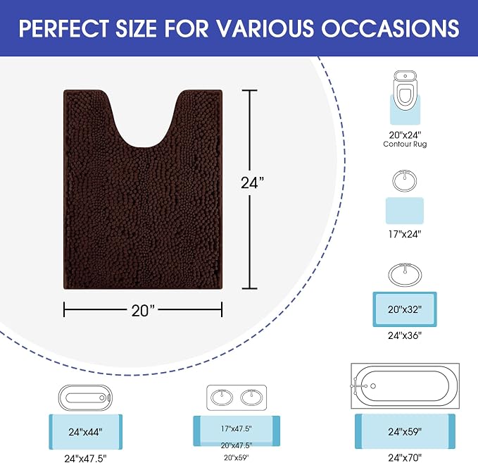 Striped Brown Toilet Bathroom Rug Mat 24" x 20" Contour Rug Ultra Soft, Non Slip Chenille Bath Rugs, Absorbent Plush Shaggy Bath Mats for Bathroom, Bedroom, Kitchen, Shower, Tub