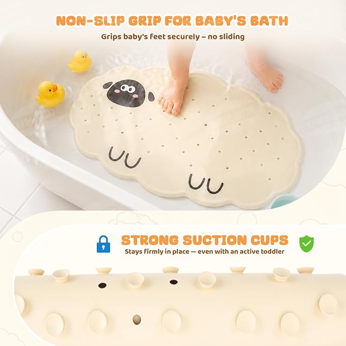 UNEEDE Non Slip Bathtub Mat for Kids | Natural Rubber Toddler Bath Mat with 113 Suction Cups and 46 Drainage Holes, Machine Washable Bath Essential, 27.5x15.7 Beige