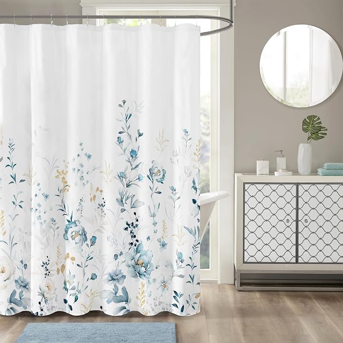 Tititex Aesthetic Blue Floral Shower Curtain, Watercolor Gold Leaves Plant Bathroom Decoration Shower Curtain Sets 71x71 Inch with Hooks