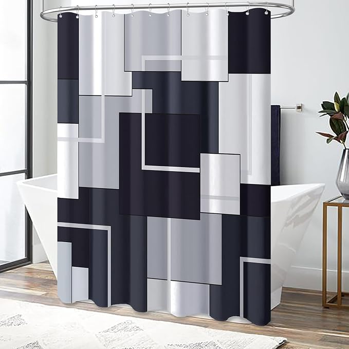 54 x 78 Modern Geometric Waterproof Fabric Shower Curtain Set, Black | Narrow Long, Premium Polyester, Weighted Hem, 10 Plastic Hook, Vibrant Color, Wrinkle-resistant, Quick-Dry, Machine Washable