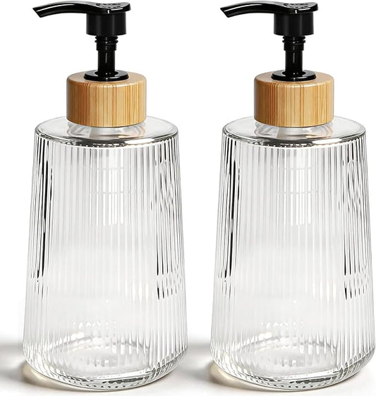 Glass Soap Dispenser, Thickened Glass Hand Soap Dispenser for Bathroom, Kitchen Dish Washing Liquid Bottles, Shampoo and Conditioner Bottles, Modern Farmhouse Style (Clear, Set of 2, 12oz)