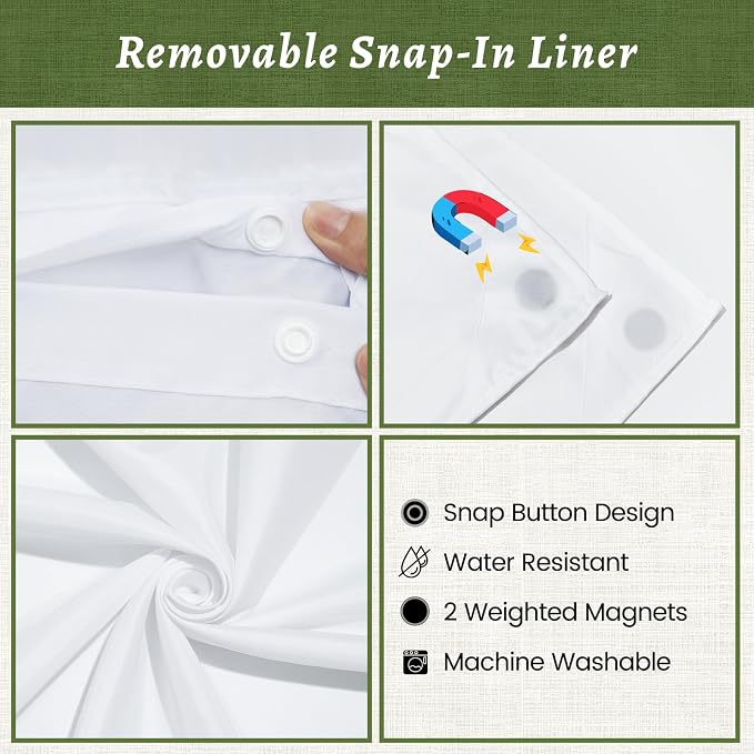 WONICY No Hook Shower Curtain with Snap-in Liner, Sage Green, 71 x 86 | Ringless, Waterproof & Washable, Hotel Style, Mesh Top Window, Bottom Magnets, Thick, Farmhouse, for Bathroom