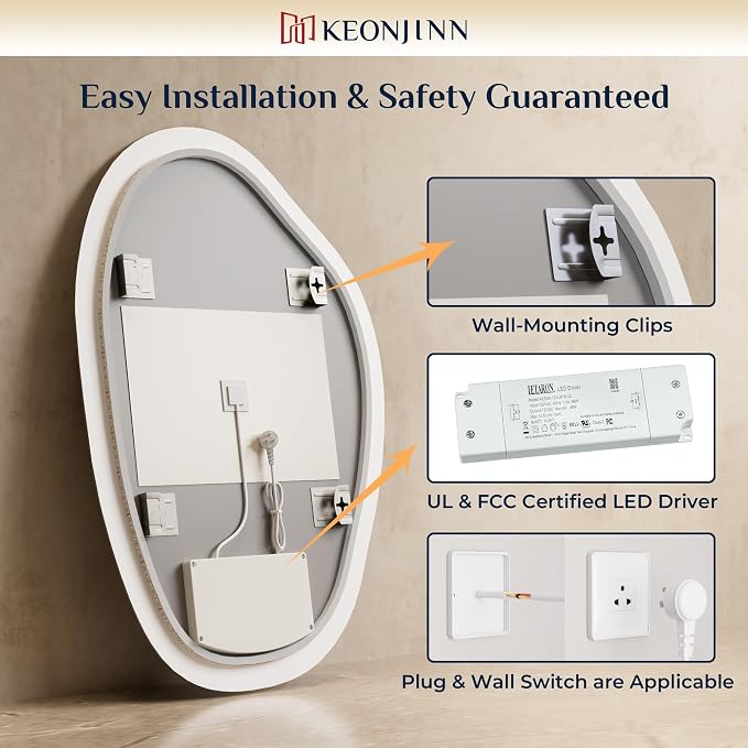 Keonjinn Asymmetrical LED Bathroom Mirror 30 x 40 Inch, HD Tempered Glass | Irregular Backlit Bathroom Mirror, Stepless Dimmable with 3 Colors, Fast Defogging, Memory Function, Horizontal/Vertical