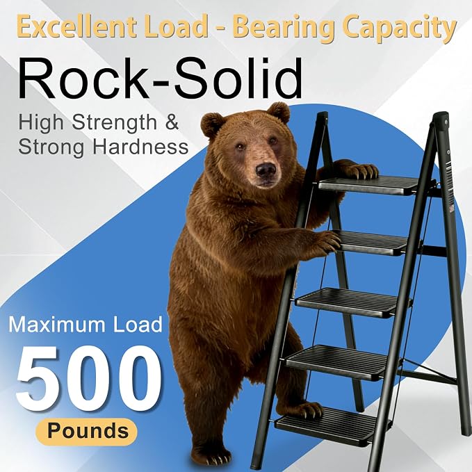 5 Step Ladder Folding Step Stool Sturdy Carbon Steel Frame | 500LBS Capacity Sturdy Anti-Slip Thick Pedal & Feet Portable for Home Kitchen Garage (black-4step)