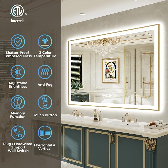 72x32 LED Bathroom Mirror with Lights, Gold Framed Lighted Mirror | Backlit and Front light, Anti-Fog, 3 Color Dimmable, Memory, Tempered Glass, IP54 Waterproof, UL Listed