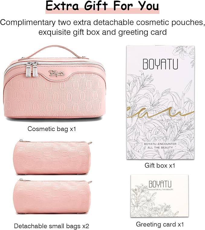 BOYATU Travel Makeup Bag Cosmetic Bags for Women: 3-Piece Makeup Bag Set | | Up to 20 3.4-oz Bottles | 180° Open-Flat Toiletry Organizer for Travel Essentials | Gift-Ready | (G-3-Pink)