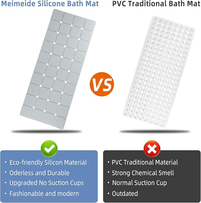 Bathtub Mat Non-Slip Silicone Soft Odorless Large Bath Mat No Suction Cups for Refinished,Reglazed and Textured Shower Mats Non Slip Extra Long Tub Mat (16x40inch Grey)