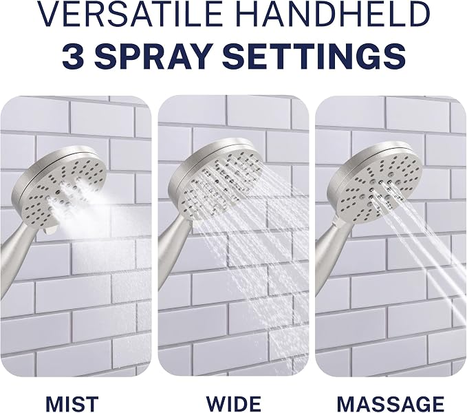HammerHead Showers Solid Metal 3-Spray Handheld Shower Head with Long Hose and Holder, High Pressure, Wide/Massage/Mist Sprays, Brushed Nickel, 1.75 GPM