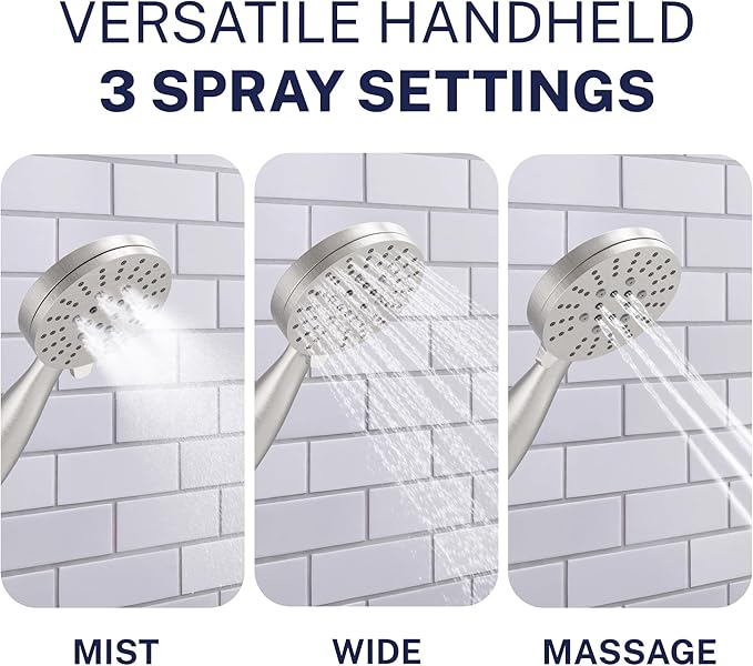 HammerHead Showers® Solid Metal 3-Spray Handheld Shower Head with Long Hose and Holder - BRUSHED NICKEL - 2.5 GPM High Pressure Shower Head with Handheld Sprayer - WIDE, MASSAGE, and MIST Sprays