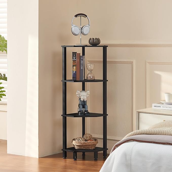 YUFAM 4-Tier Corner Shelf, Black | Wooden Corner Bookshelf for Small Spaces, Corner Standing Shelf with Sturdy 5-Leg Base