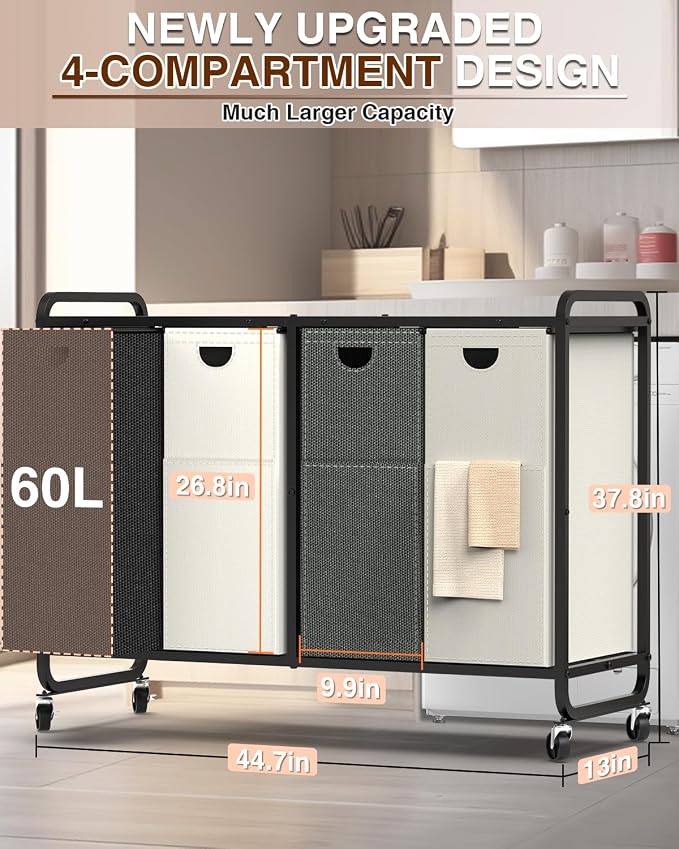 Laundry Sorter 4 Section,Laundry Basket with Wheels,4×15.8 Gal (60L) Laundry Hamper Organizer with Large Wooden Desktop Sorter,Pull-Out and Removable 900D Oxford Fabric Laundry Bags for Laundry Room