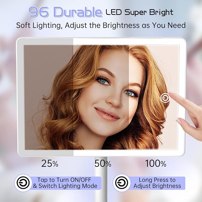 FUNTOUCH 4500mAh Large Makeup Vanity Mirror with Lights & 96 LED,White | Rechargeable Lighted Makeup Mirror with 10x Magnifying Mirror,3 Color Lighting 360°Rotation Touch Dimmable with Phone Holder