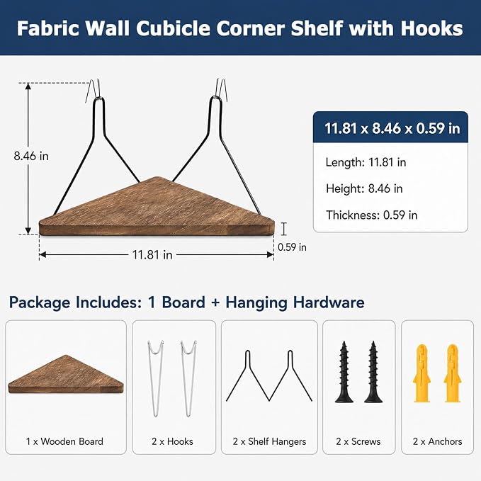 1PCS Fabric Wall Cubicle Corner Shelf with Hooks, Wooden Organizer | 11.81 x 8.46 In Triangular Hanging Shelves for Office Fabric Walls, Work Display Storage, Small Planter, Photo, Decor